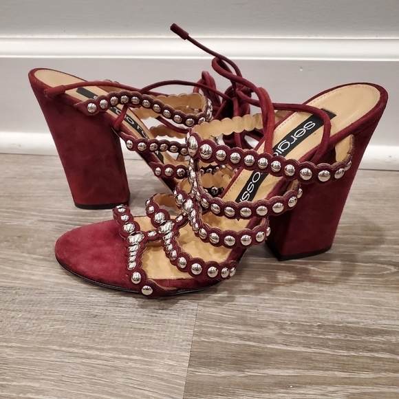 NEW SERGIO ROSSI Elettra Studded Suede Block Heel Sandals In Cherry - Picture 2 of 8